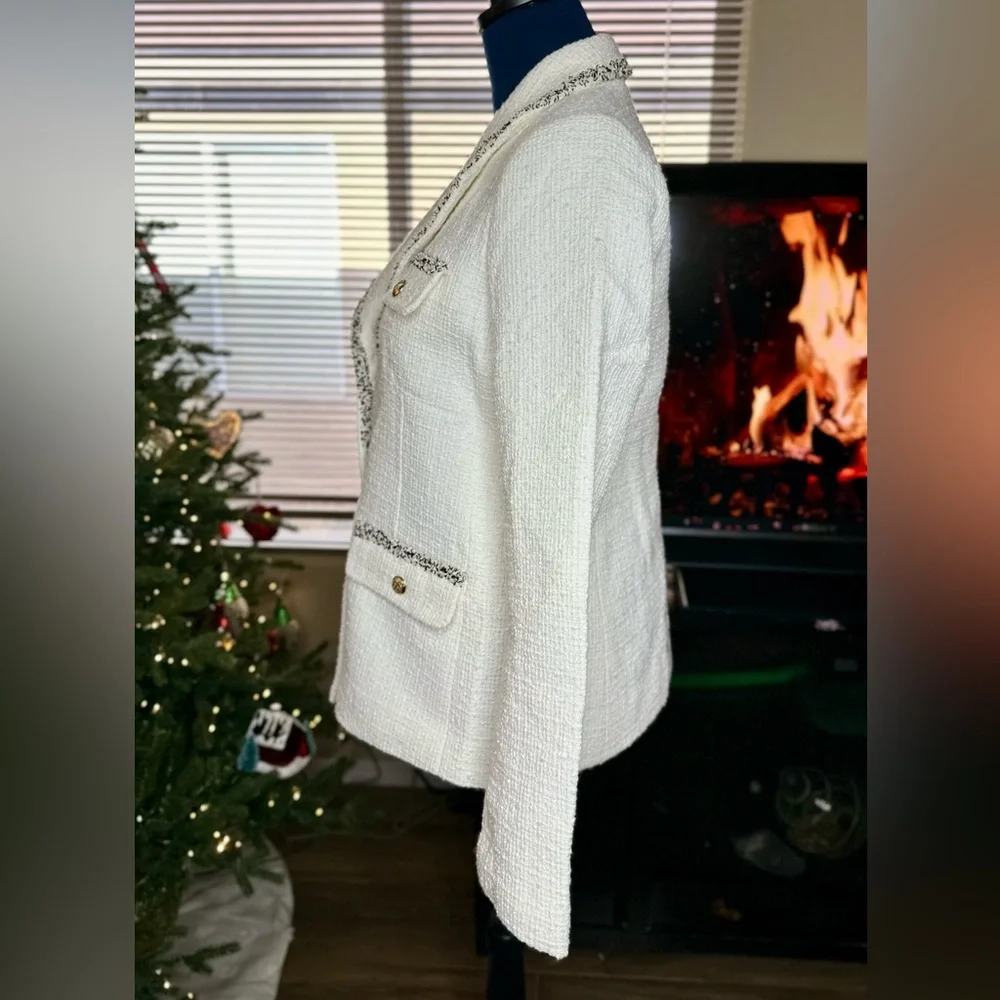 EUC Talbots Cream Tweed Blazer w/ Fringe Trim